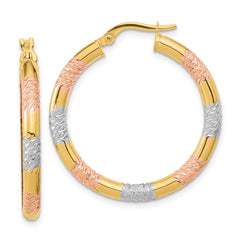 14K Tri-Color Gold Diamond-cut 3.0mm Hoop Earrings