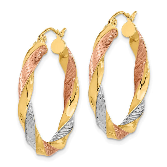 14K Tri-Color Gold Polished & Diamond-cut Twist Hoop Earrings