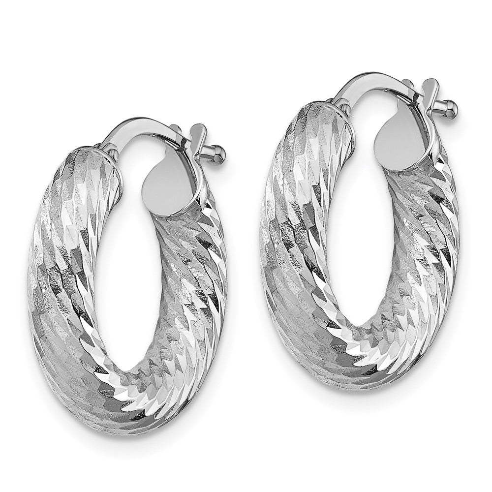 14K White Gold 4x10mm Diamond-cut Round Hoop Earrings