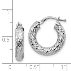 14K White Gold 4x10mm Diamond-cut Round Hoop Earrings