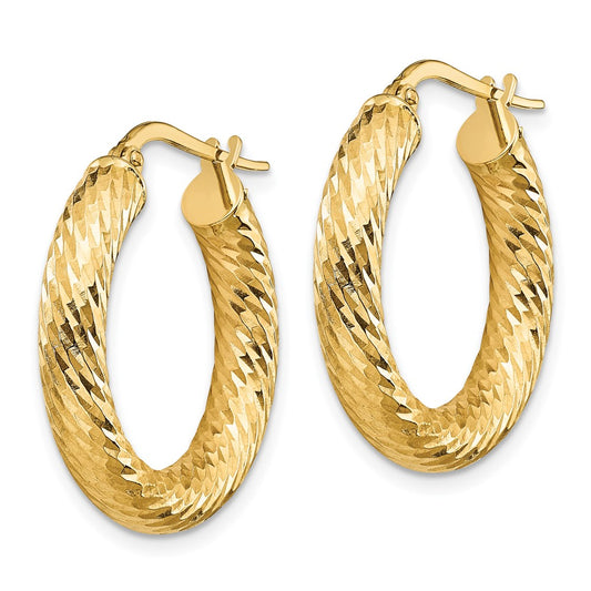 14K Yellow Gold 4x15mm Diamond-cut Round Hoop Earrings