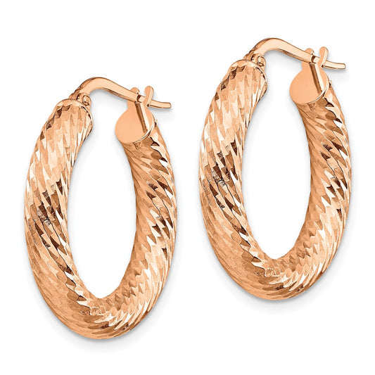 14K Rose Gold 4x15mm Diamond-cut Round Hoop Earrings