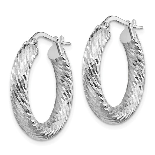 14K White Gold 4x15mm Diamond-cut Round Hoop Earrings