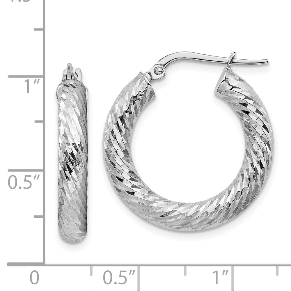 14K White Gold 4x15mm Diamond-cut Round Hoop Earrings