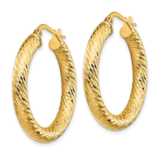 14K Yellow Gold 4x20mm Diamond-cut Round Hoop Earrings