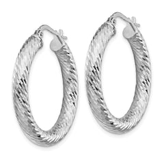 14K White Gold 4x20mm Diamond-cut Round Hoop Earrings