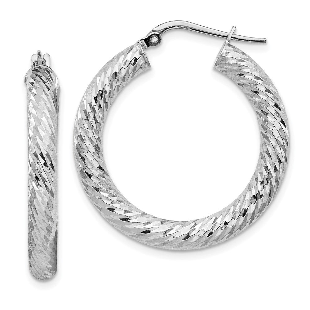 14K White Gold 4x20mm Diamond-cut Round Hoop Earrings