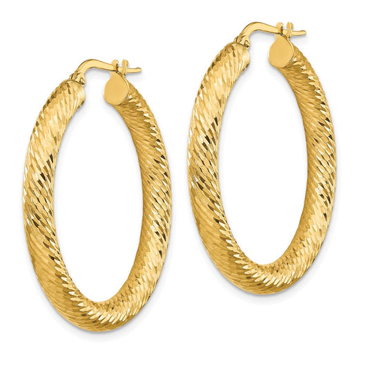 14K Yellow Gold 4x25mm Diamond-cut Round Hoop Earrings