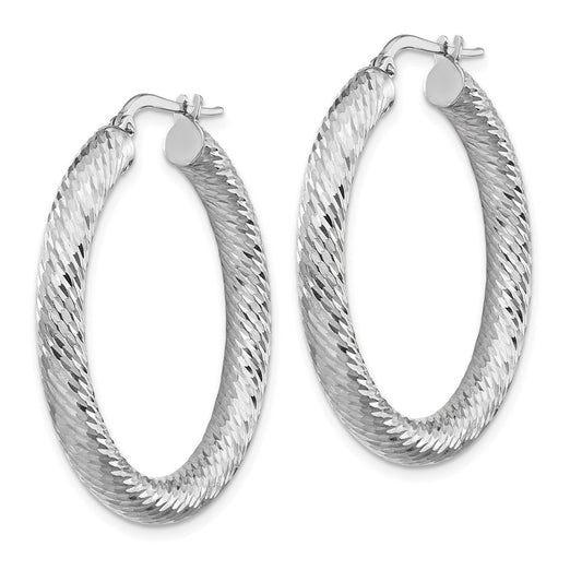14K White Gold 4x25mm Diamond-cut Round Hoop Earrings