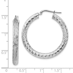 14K White Gold 4x25mm Diamond-cut Round Hoop Earrings