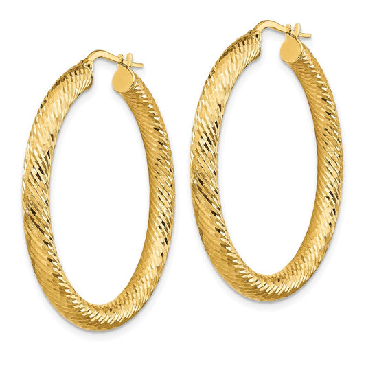 14K Yellow Gold 4x30mm Diamond-cut Round Hoop Earrings