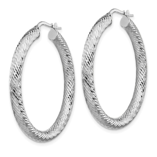 14K White Gold 4x30mm Diamond-cut Round Hoop Earrings