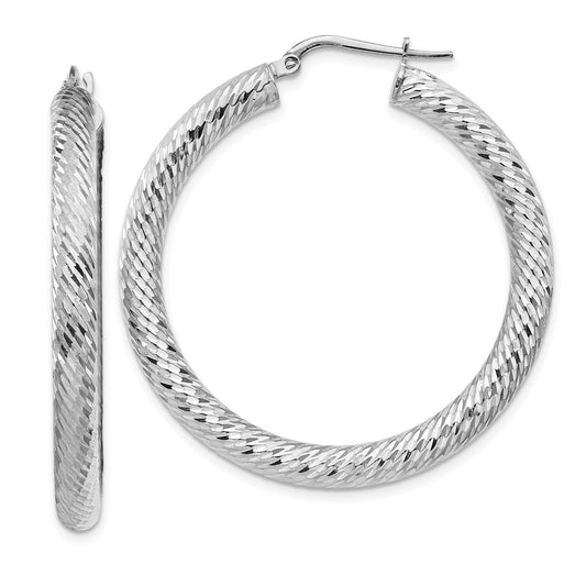 14K White Gold 4x30mm Diamond-cut Round Hoop Earrings