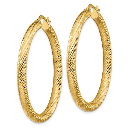 14K Yellow Gold 4x35mm Diamond-cut Round Hoop Earrings