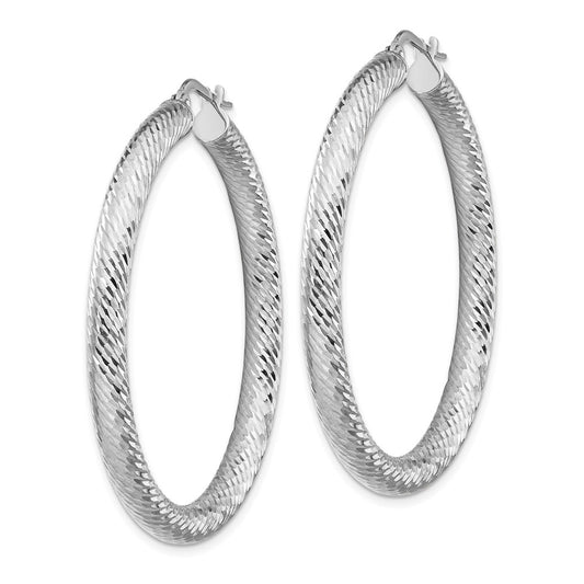 14K White Gold 4x35mm Diamond-cut Round Hoop Earrings