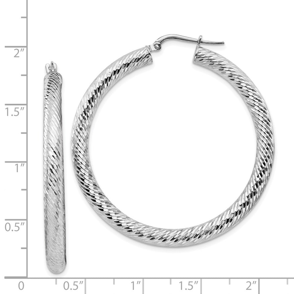 14K White Gold 4x35mm Diamond-cut Round Hoop Earrings