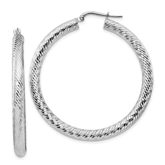 14K White Gold 4x35mm Diamond-cut Round Hoop Earrings