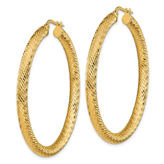 14K Yellow Gold 4x40mm Diamond-cut Round Hoop Earrings