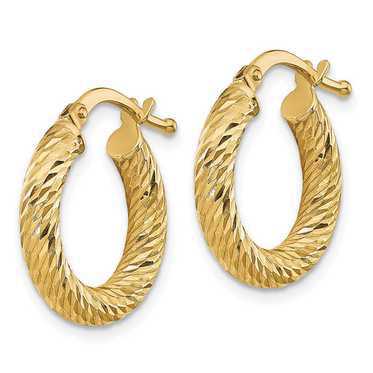 14K Yellow Gold 3x10mm Diamond-cut Round Hoop Earrings