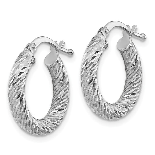 14K White Gold 3x10mm Diamond-cut Round Hoop Earrings