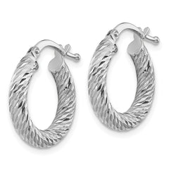 14K White Gold 3x10mm Diamond-cut Round Hoop Earrings