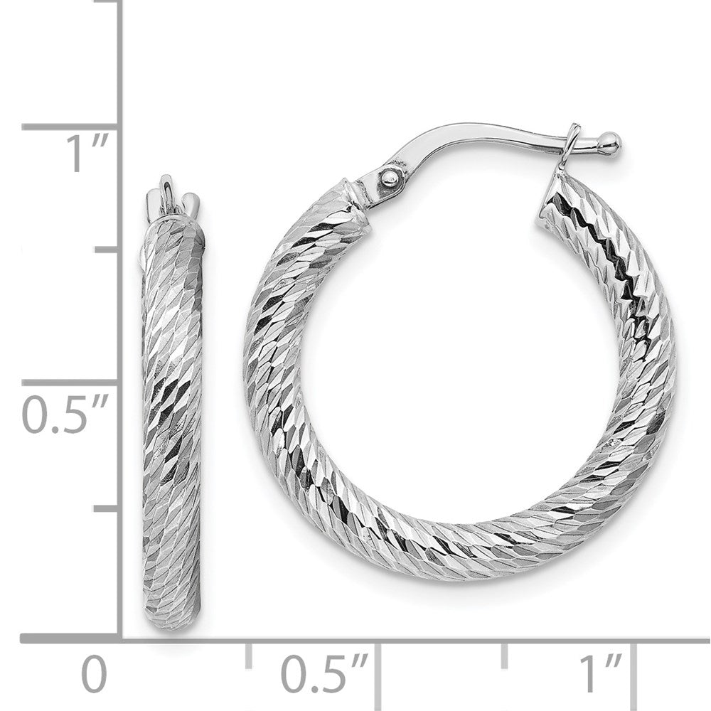 14K White Gold 3x15mm Diamond-cut Round Hoop Earrings