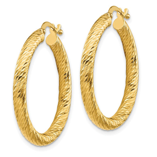 14K Yellow Gold 3x20mm Diamond-cut Round Hoop Earrings