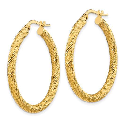 14K Yellow Gold 3x25mm Diamond-cut Round Hoop Earrings