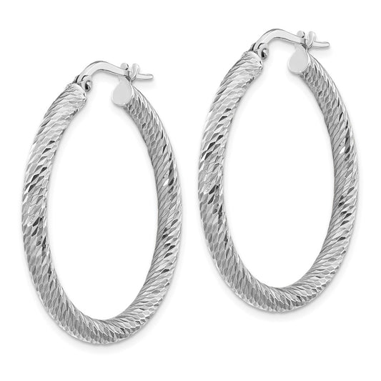 14K White Gold 3x25mm Diamond-cut Round Hoop Earrings