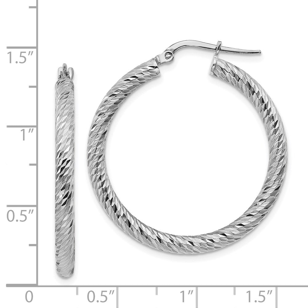 14K White Gold 3x25mm Diamond-cut Round Hoop Earrings