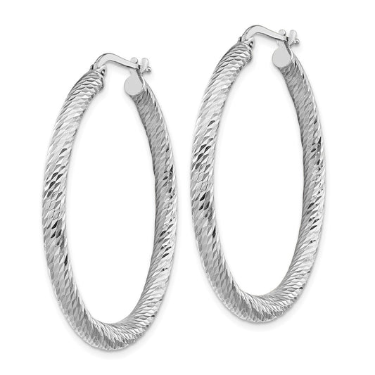 14K White Gold 3x30mm Diamond-cut Round Hoop Earrings
