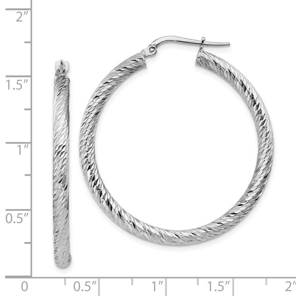 14K White Gold 3x30mm Diamond-cut Round Hoop Earrings