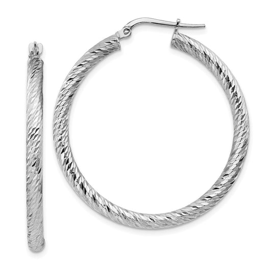 14K White Gold 3x30mm Diamond-cut Round Hoop Earrings