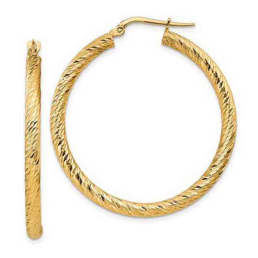 14K Yellow Gold Polished 3mm Diamond-cut Round Hoop Earrings