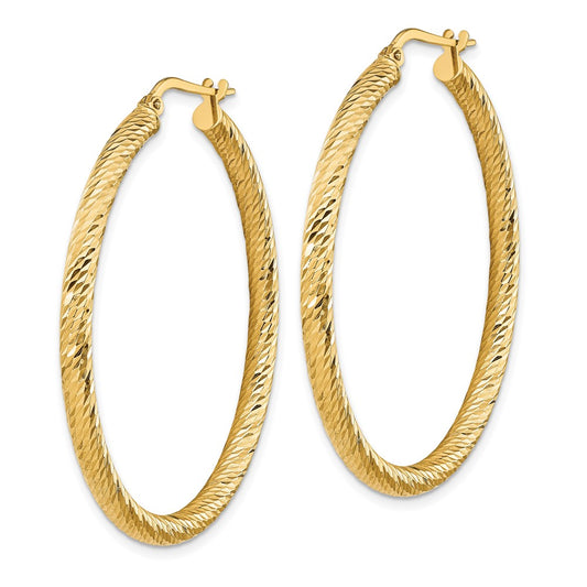 14K Yellow Gold 3x35mm Diamond-cut Round Hoop Earrings