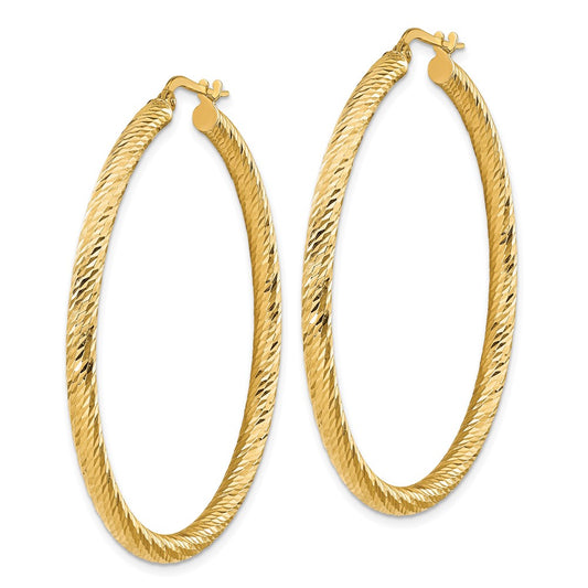 14K Yellow Gold 3x40mm Diamond-cut Round Hoop Earrings