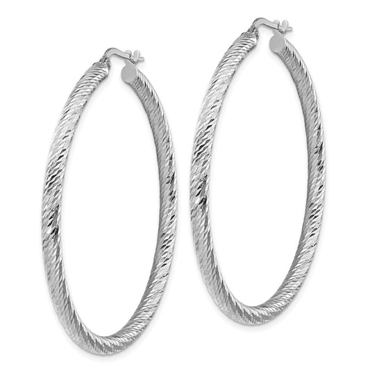 14K White Gold 3x40mm Diamond-cut Round Hoop Earrings