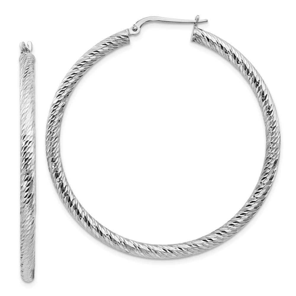 14K White Gold 3x40mm Diamond-cut Round Hoop Earrings