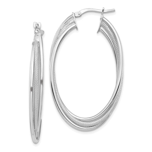 14K White Gold Polished and Textured Twisted Fancy Oval Hoop Earrings