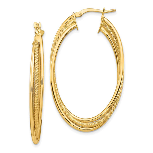 14K Yellow Gold Polished and Textured Twisted Fancy Oval Hoop Earrings