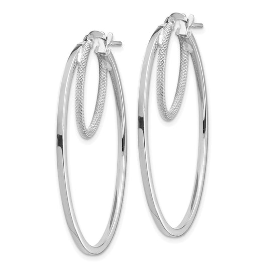14K White Gold Polished & Textured Double Oval Hoop Earrings