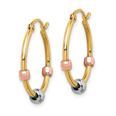 14K Tri-Color Gold Polished with Diamond-cut Beads Hoop Earrings