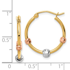 14K Tri-Color Gold Polished with Diamond-cut Beads Hoop Earrings