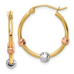 14K Tri-Color Gold Polished with Diamond-cut Beads Hoop Earrings