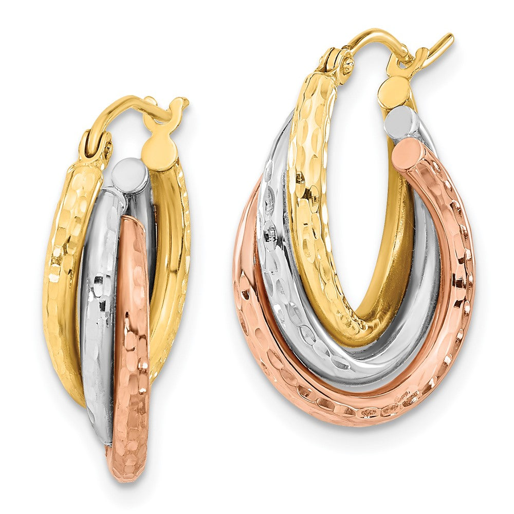 14K Tri-Color Gold Textured Triple Hoop Earrings