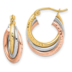 14K Tri-Color Gold Textured Triple Hoop Earrings