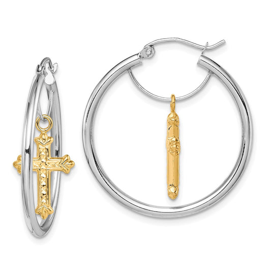 14K Two-Tone Gold Diamond-cut Cross Dangle Hoop Earrings