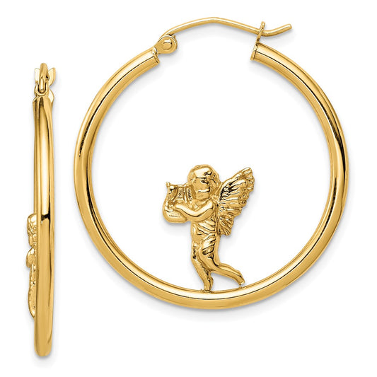 14K Yellow Gold Angel Hoop Earrings