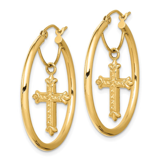 14K Yellow Gold Diamond-cut Cross Dangle Hoop Earrings