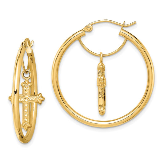 14K Yellow Gold Diamond-cut Cross Dangle Hoop Earrings